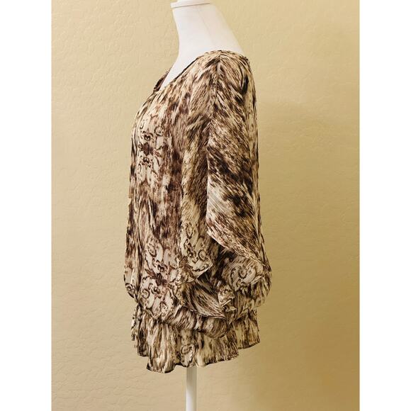 DressBarn Brown Tan Blouse Peekaboo Bell Sleeve Lined Elastic Hip Band Size XL - Picture 4 of 13